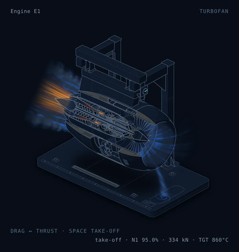 Digital twin of a turbofan engine on a ground-run test stand, cut away to show the fan, compressor, combustor and turbine at take-off power