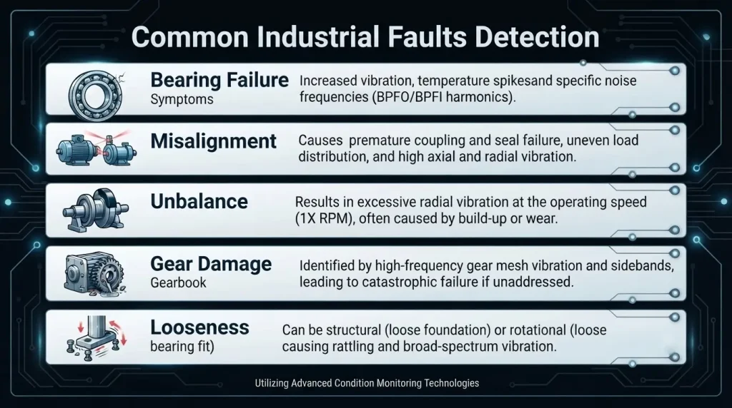 Common rotating equipment faults detected using predictive maintenance technologies