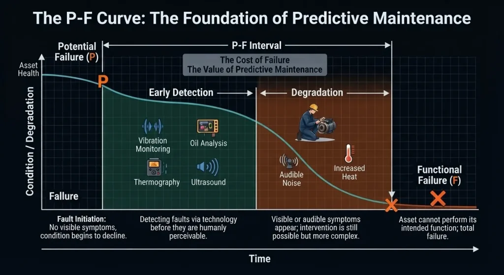 P-F curve showing potential failure and functional failure in predictive maintenance