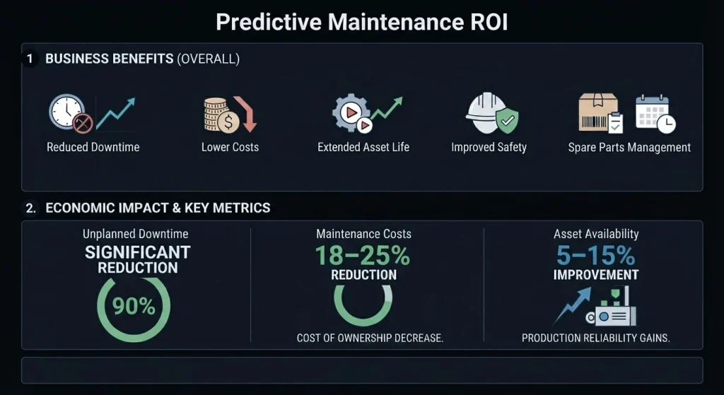 Predictive maintenance ROI showing reduced downtime and maintenance costs