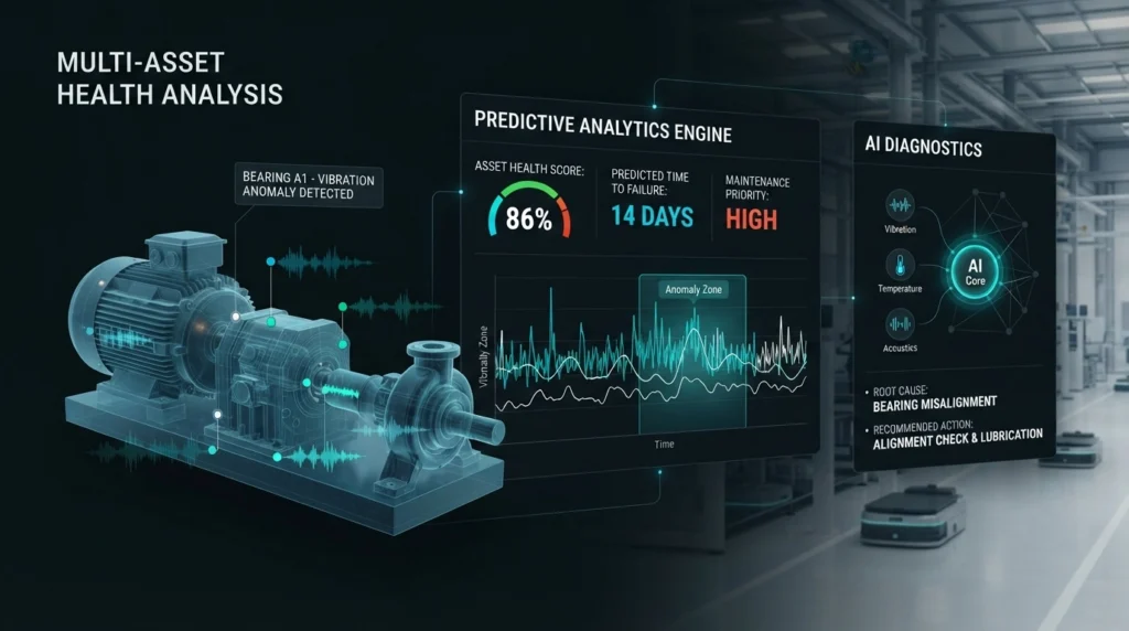 AI system analyzing industrial vibration data for predictive maintenance