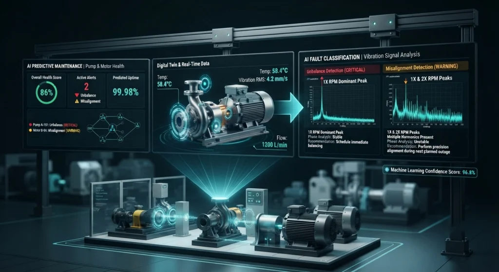 AI-based vibration monitoring system identifying unbalance and misalignment faults in industrial equipment
