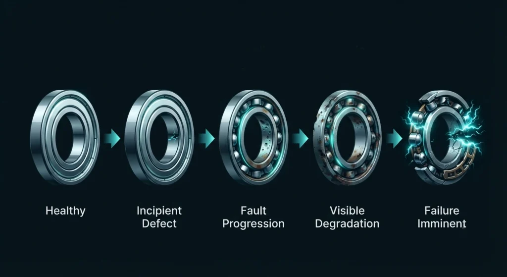 Five stages of bearing failure progression infographic