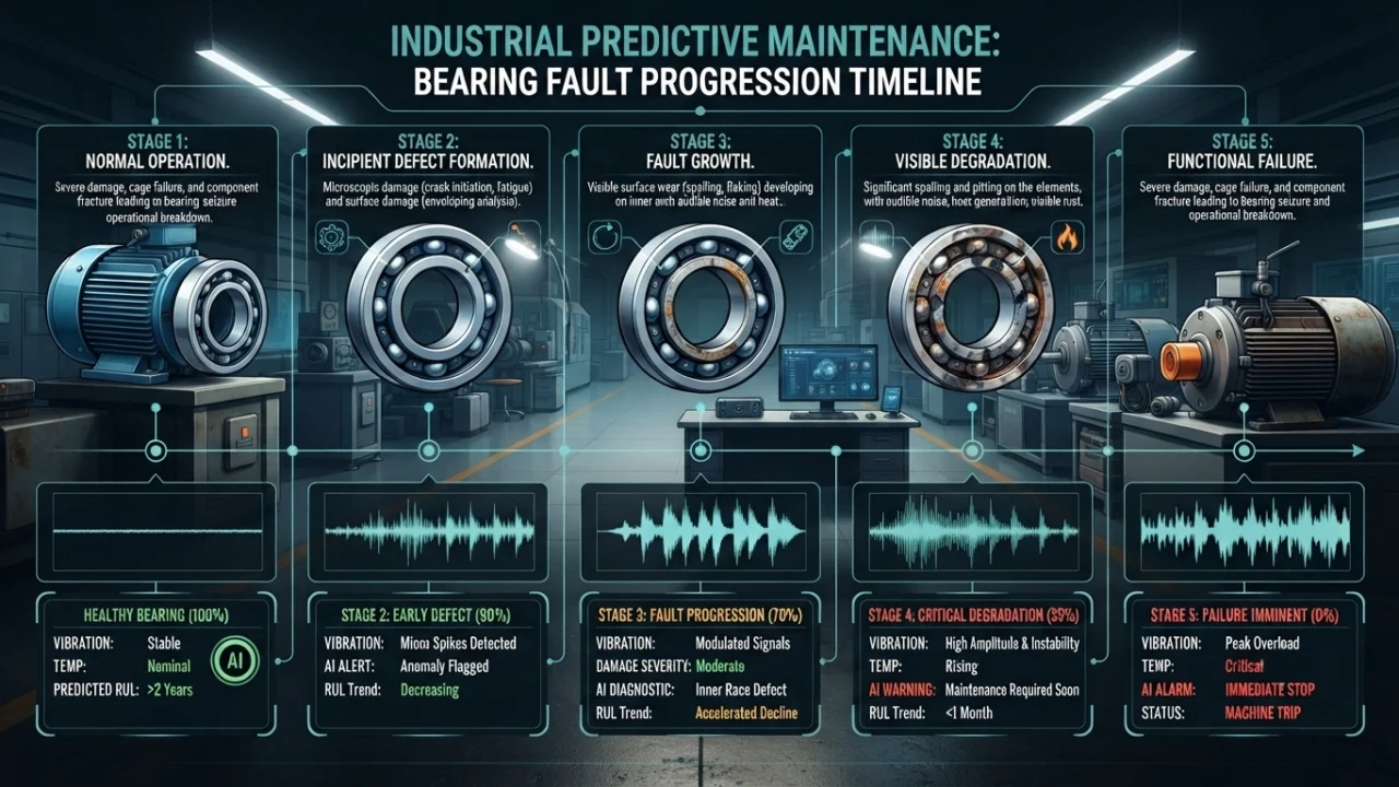 Bearing fault progression from early defect to failure