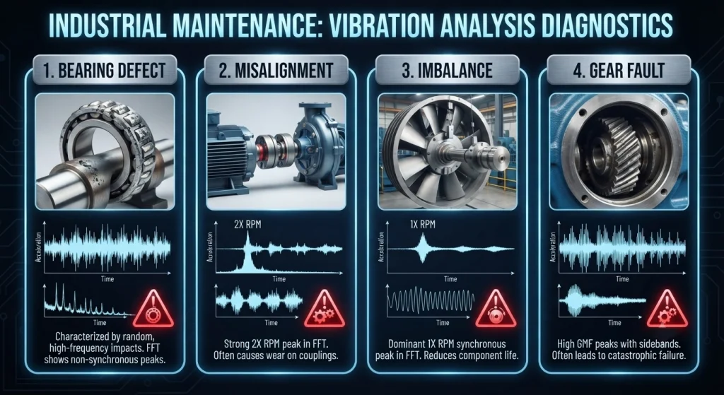 AI detecting bearing defects misalignment imbalance and gear faults through vibration analysis