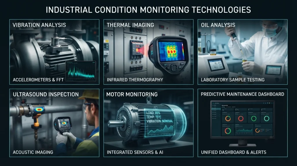 Industrial condition monitoring technologies including vibration analysis and thermal imaging