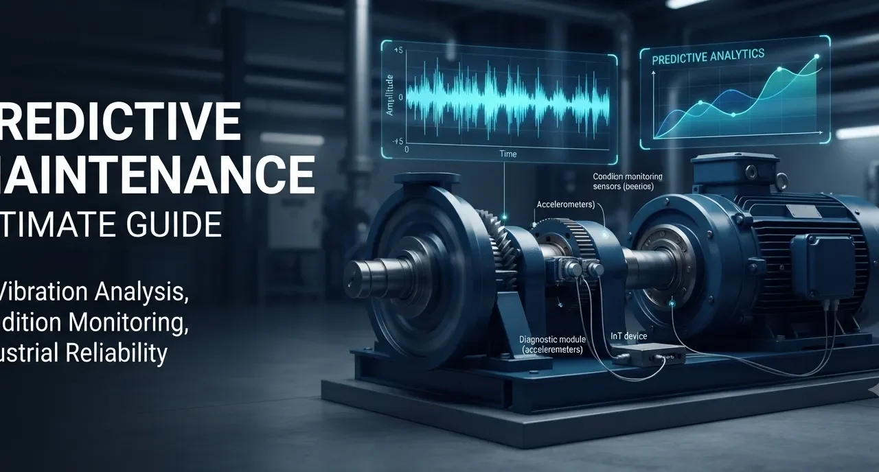 AI-powered predictive maintenance dashboard showing vibration analysis, condition monitoring, fault detection, and industrial equipment health monitoring