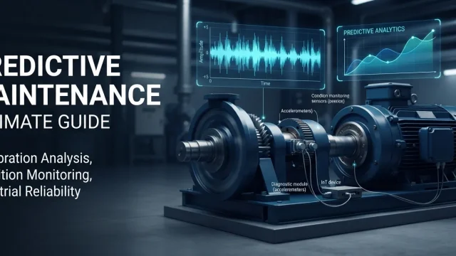 AI-powered predictive maintenance dashboard showing vibration analysis, condition monitoring, fault detection, and industrial equipment health monitoring