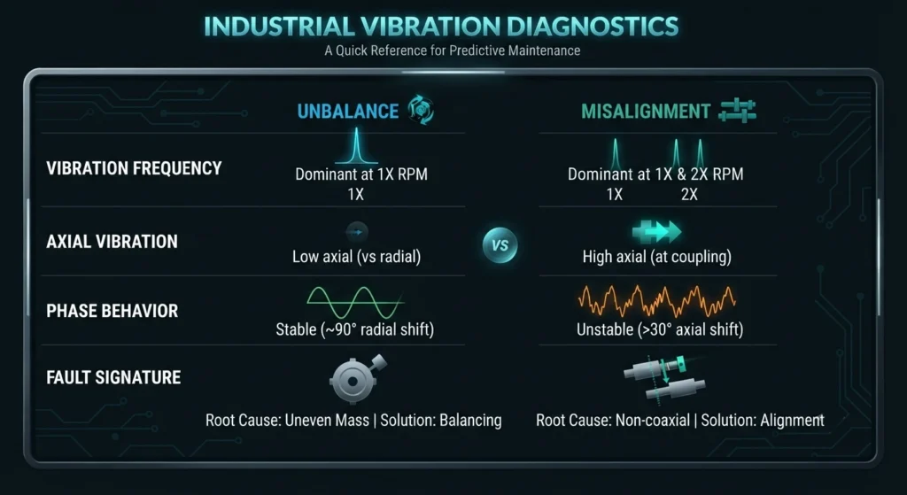 Unbalance versus misalignment comparison table for vibration analysis and predictive maintenance