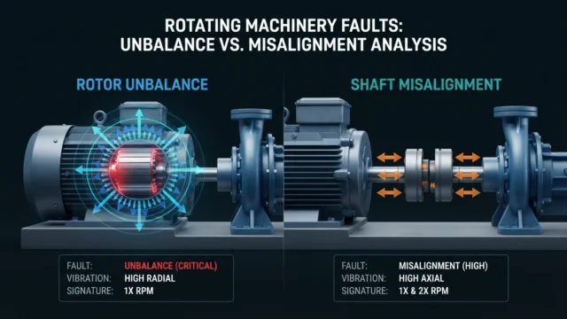 Featured image comparing unbalance and misalignment faults in rotating machinery vibration analysis