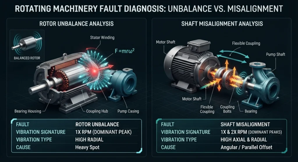 Mechanical difference between rotor unbalance and shaft misalignment in rotating equipment