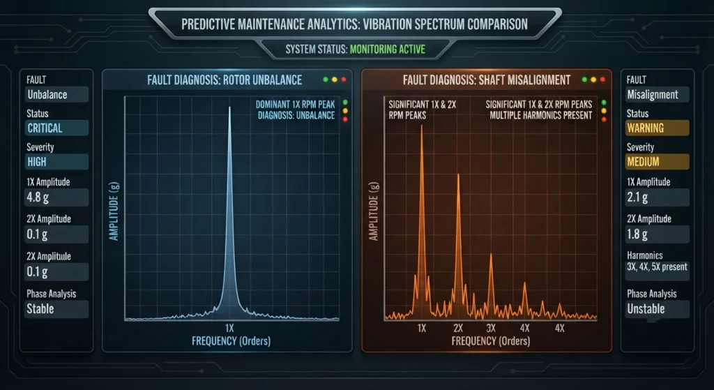 Vibration spectrum comparison showing 1X RPM unbalance and 1X 2X RPM misalignment signatures