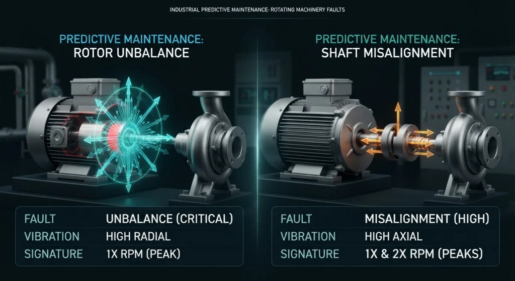 Comparison of unbalance and misalignment faults in rotating machinery using vibration analysis